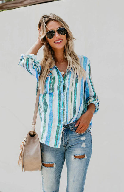 Ladies' Blouse With Turn-Down Collar Striped