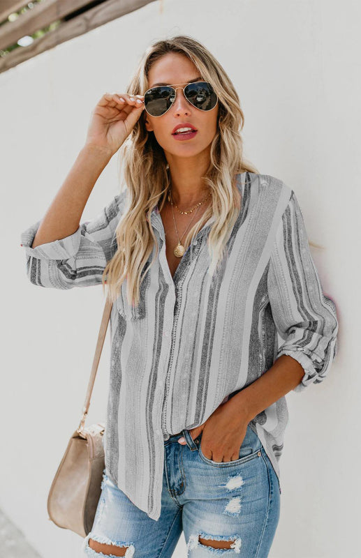 Ladies' Blouse With Turn-Down Collar Striped