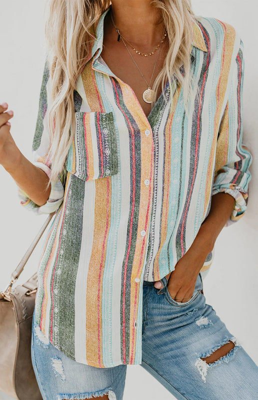Ladies' Blouse With Turn-Down Collar Striped