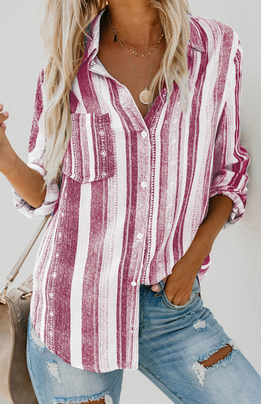 Ladies' Blouse With Turn-Down Collar Striped