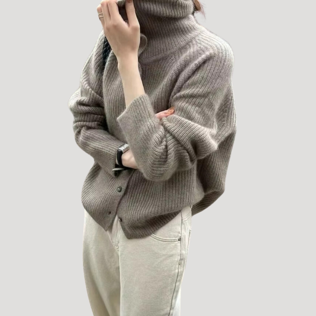 Ladies' Cardigan Chunky Knitted With High Collar