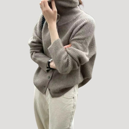 Ladies' Cardigan Chunky Knitted With High Collar