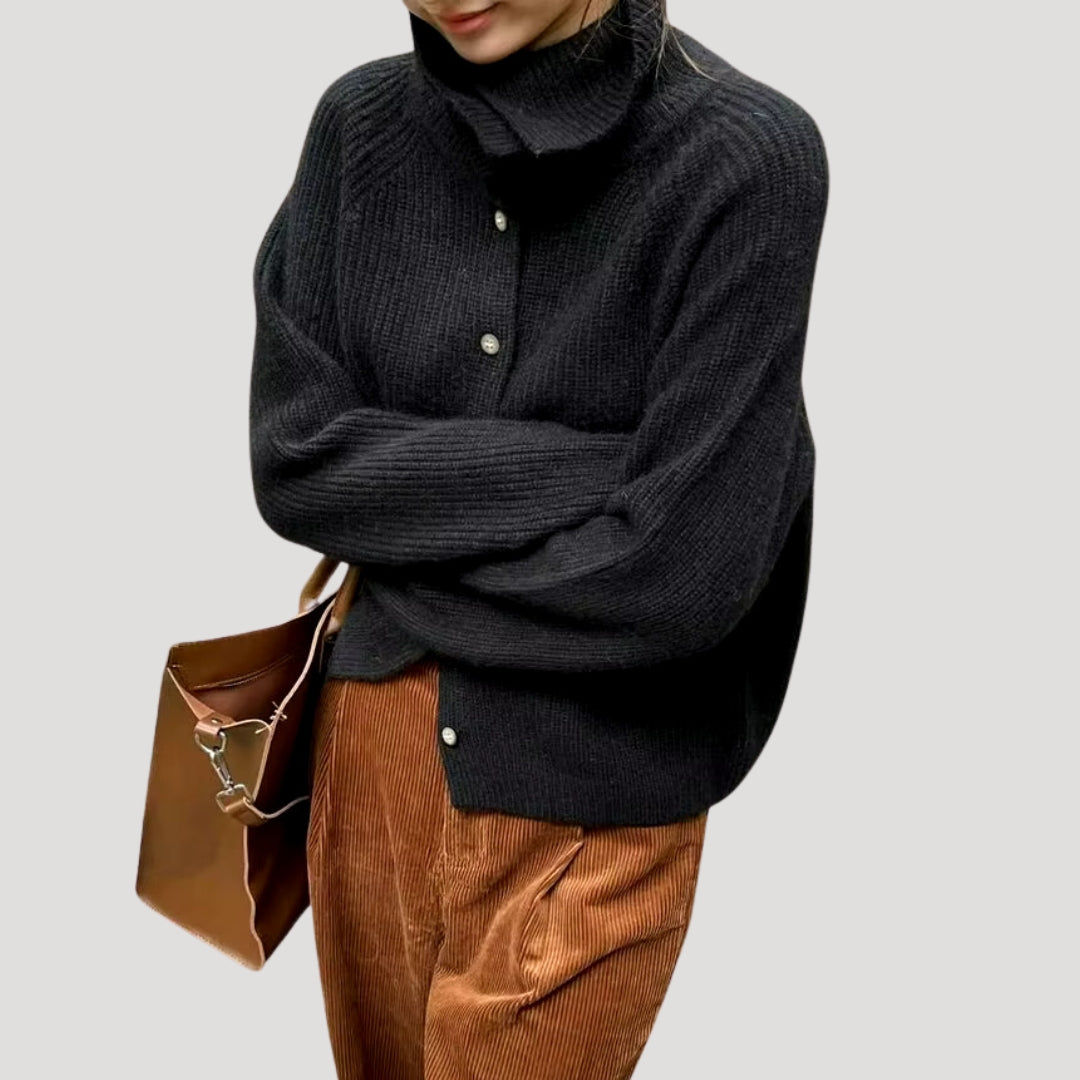 Ladies' Cardigan Chunky Knitted With High Collar