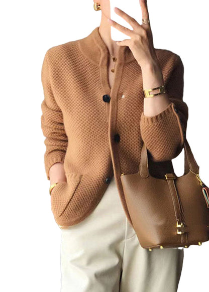 Ladies Cashmere Cardigan with Standing Collar and Buttons