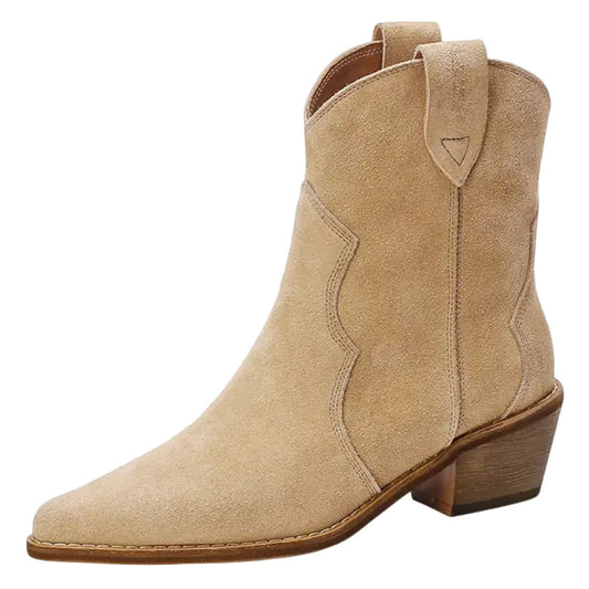 Ladies Cowboy Boots Beige Suede Look Traditional Western Style with Rubber Sole