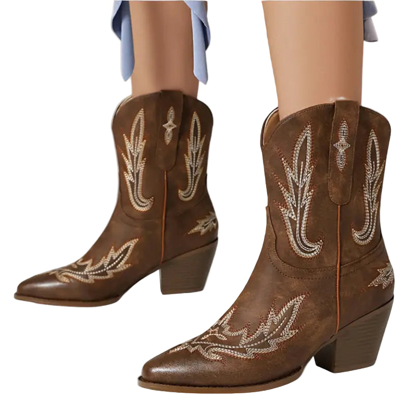 Ladies Cowboy Boots Short Western Style Imitation Leather with Plush Lining