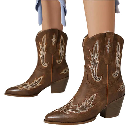 Ladies Cowboy Boots Short Western Style Imitation Leather with Plush Lining