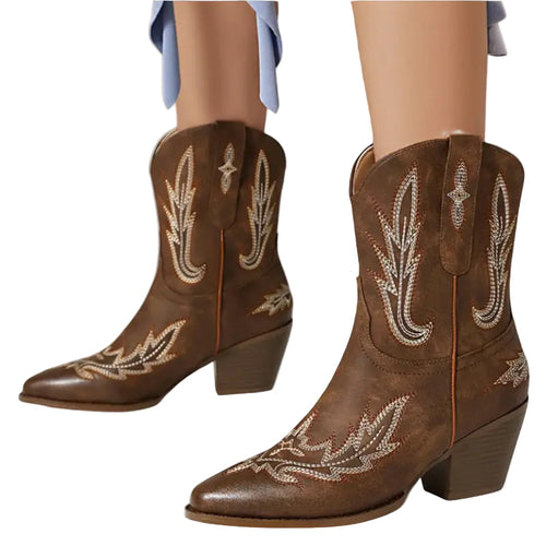 Ladies Cowboy Boots Short Western Style Imitation Leather with Plush Lining