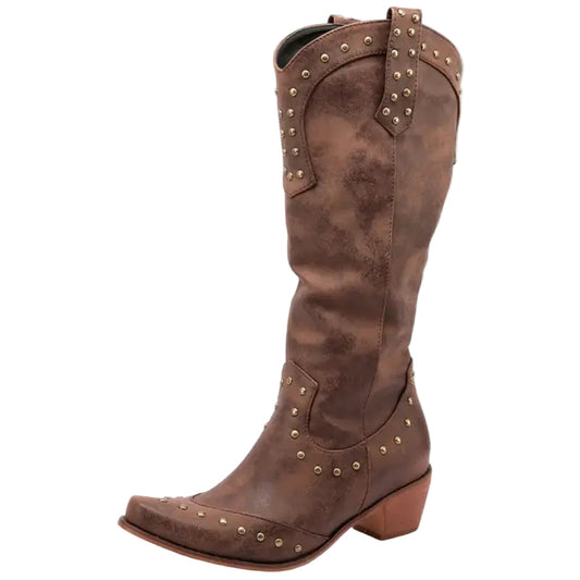 Ladies Cowboy Boots Western Style Imitation Leather with Pointed Noses and Decorative Studs