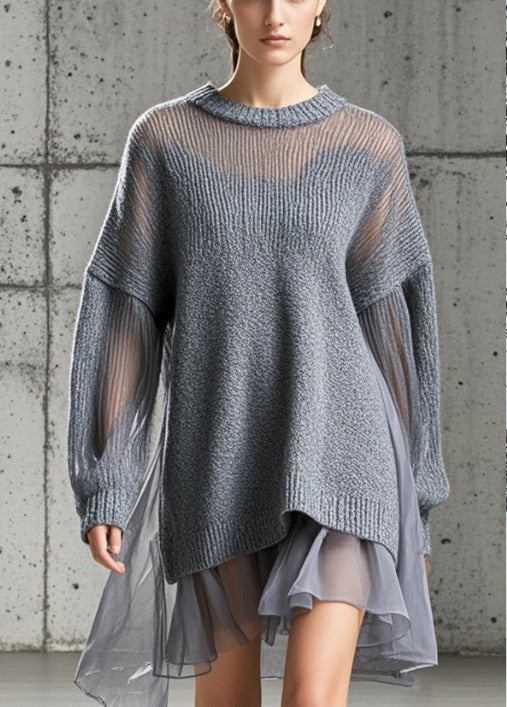 Ladies Dress Oversized Tulle Knitted with Patchwork for Casual Style