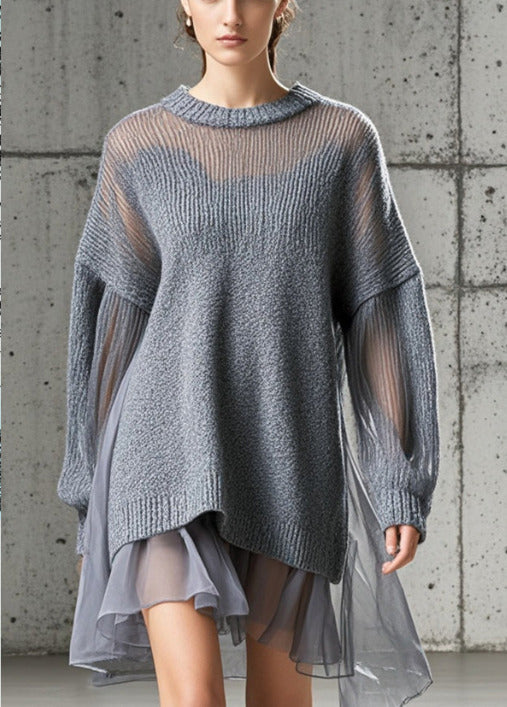 Ladies Dress Oversized Tulle Knitted with Patchwork for Casual Style