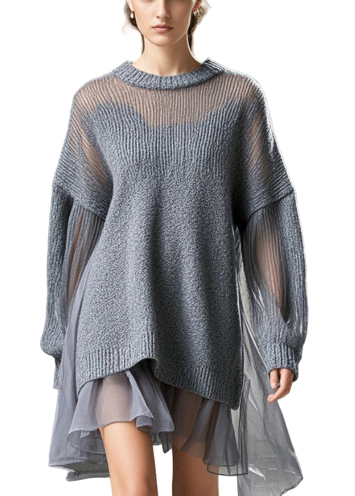 Ladies Dress Oversized Tulle Knitted with Patchwork for Casual Style