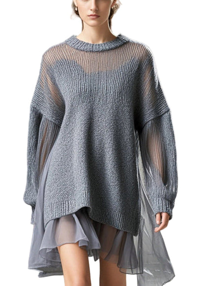 Ladies Dress Oversized Tulle Knitted with Patchwork for Casual Style