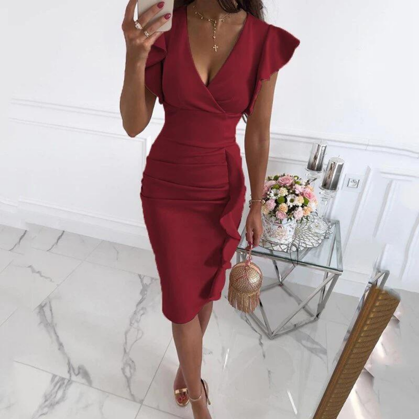 Ladies' Dress V-Neck Ruffled Sleeves