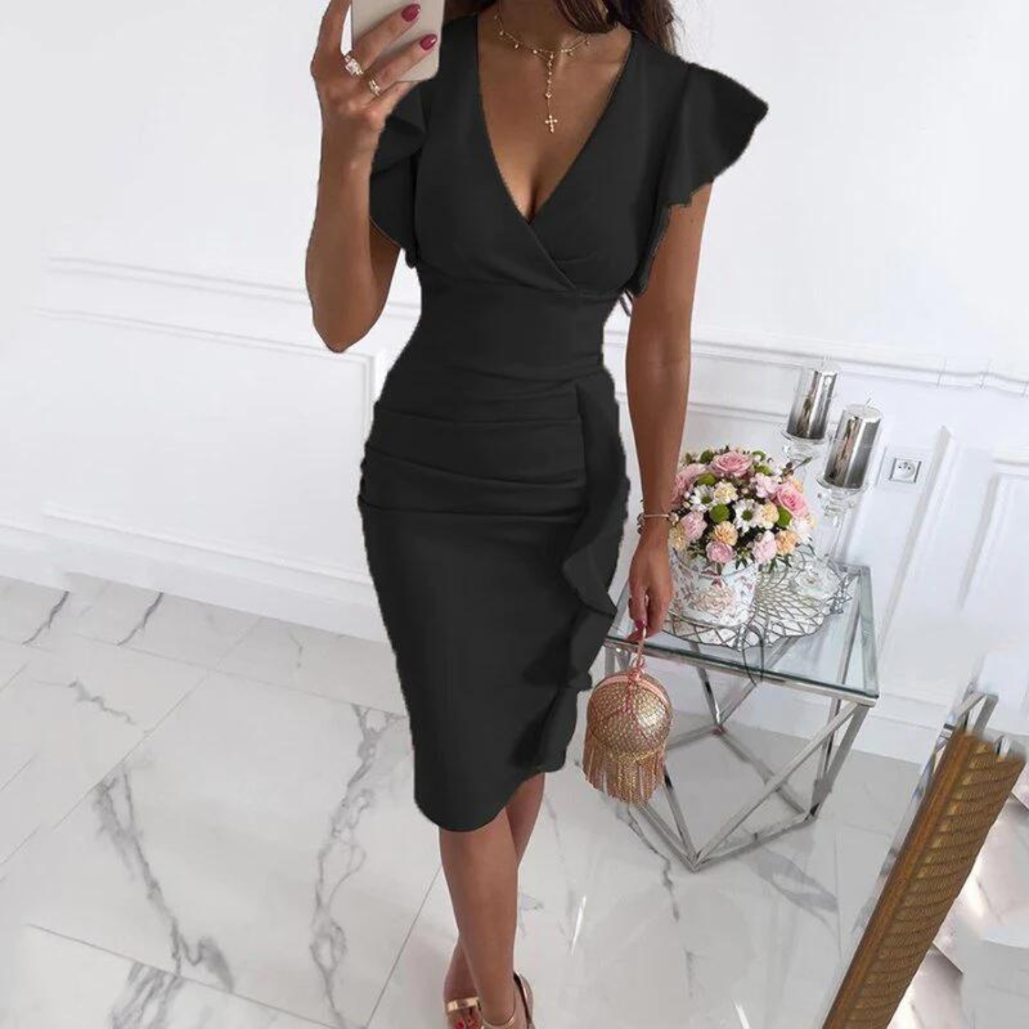 Ladies' Dress V-Neck Ruffled Sleeves