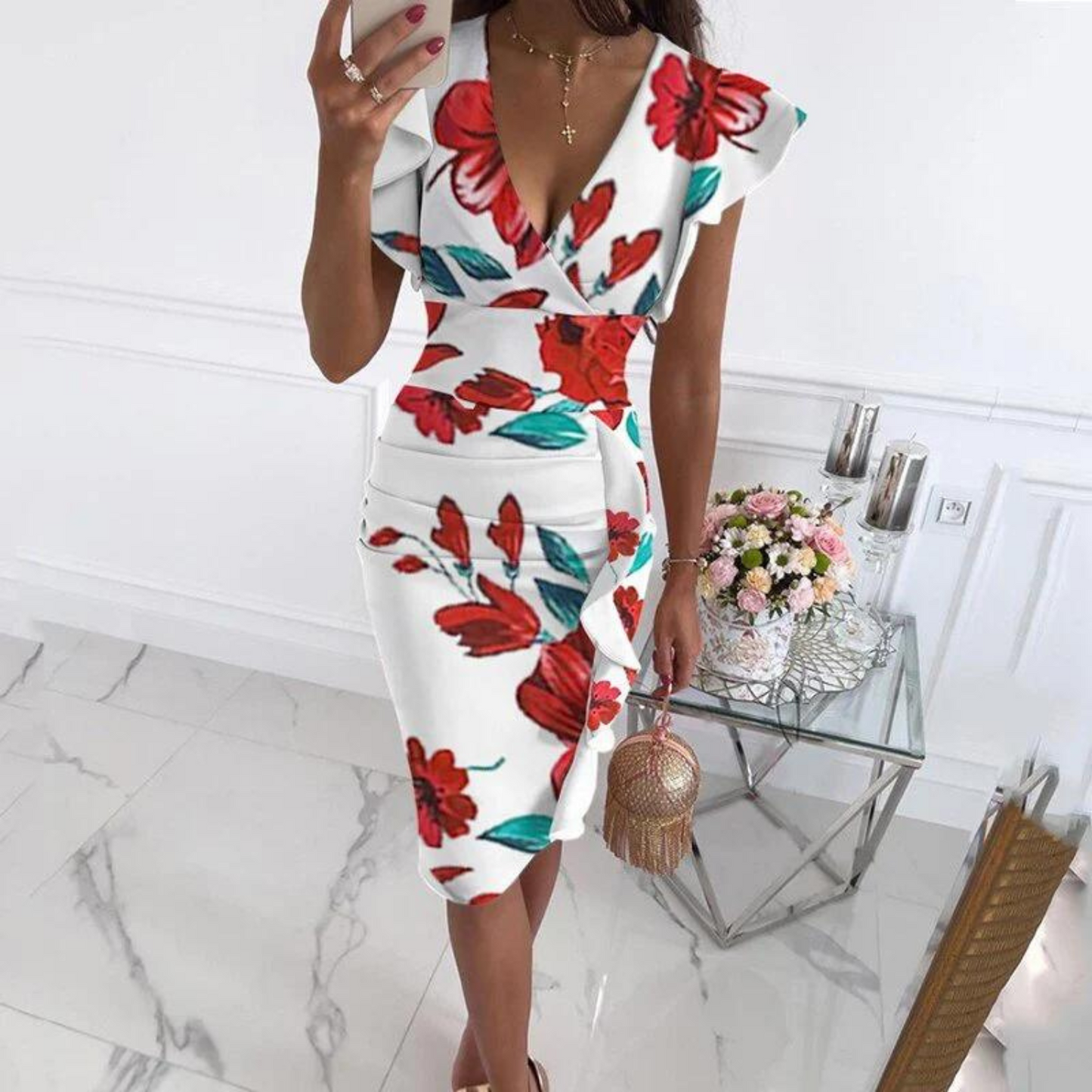 Ladies' Dress V-Neck Ruffled Sleeves