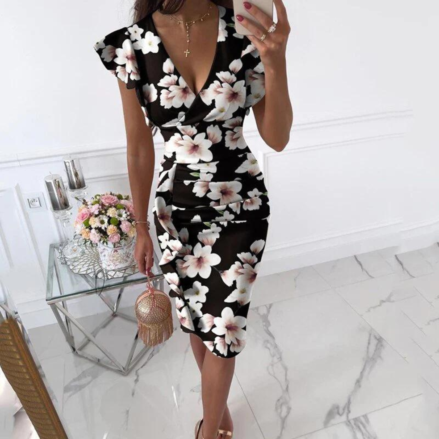 Ladies' Dress V-Neck Ruffled Sleeves