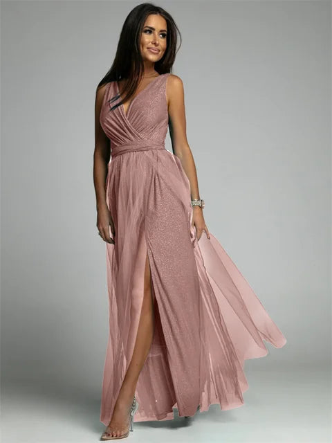 Ladies Dress V-Neck Sleeveless Crossed Design Maxi Polyester Blend