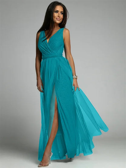 Ladies Dress V-Neck Sleeveless Crossed Design Maxi Polyester Blend