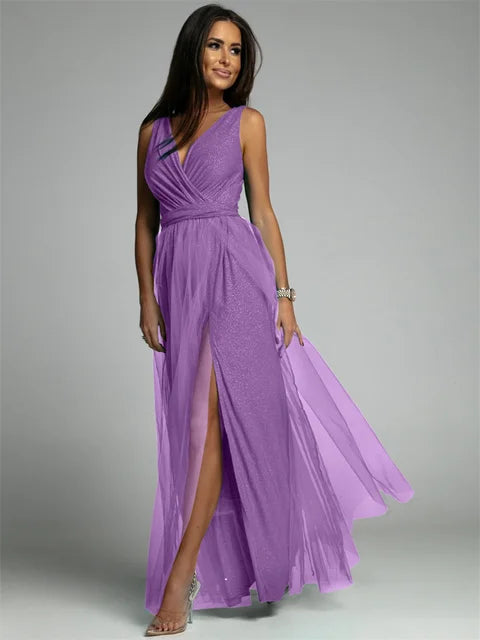 Ladies Dress V-Neck Sleeveless Crossed Design Maxi Polyester Blend