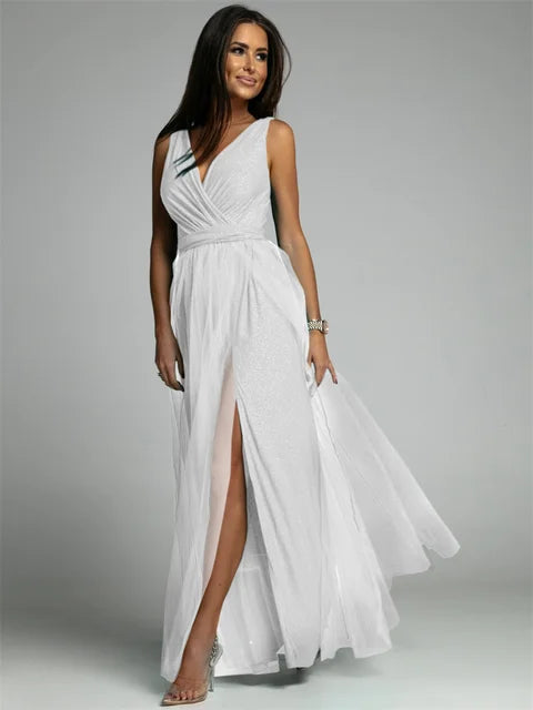 Ladies Dress V-Neck Sleeveless Crossed Design Maxi Polyester Blend