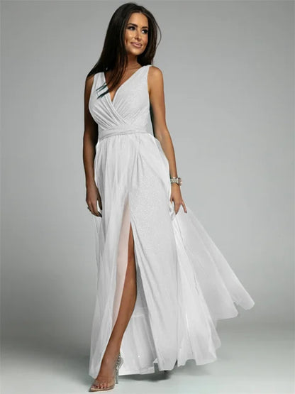 Ladies Dress V-Neck Sleeveless Crossed Design Maxi Polyester Blend