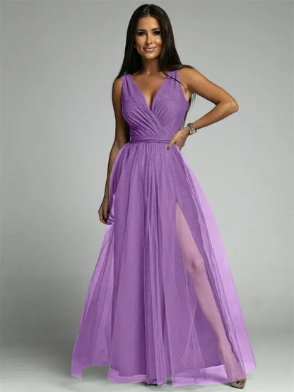 Ladies Dress V-Neck Sleeveless Crossed Design Maxi Polyester Blend