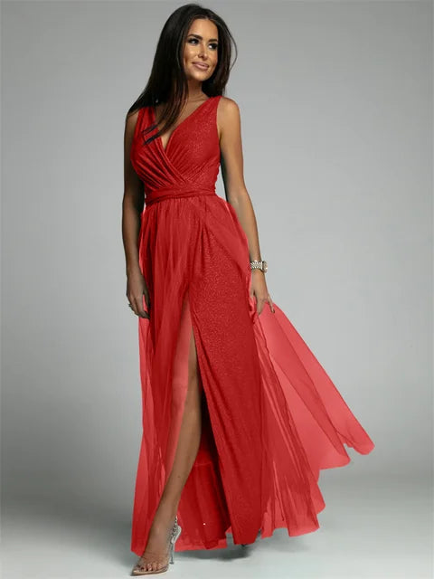 Ladies Dress V-Neck Sleeveless Crossed Design Maxi Polyester Blend