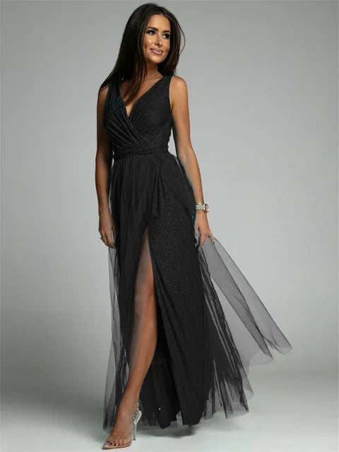 Ladies Dress V-Neck Sleeveless Crossed Design Maxi Polyester Blend