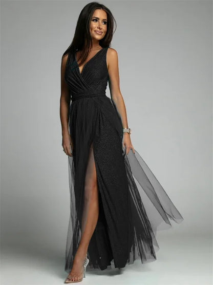 Ladies Dress V-Neck Sleeveless Crossed Design Maxi Polyester Blend