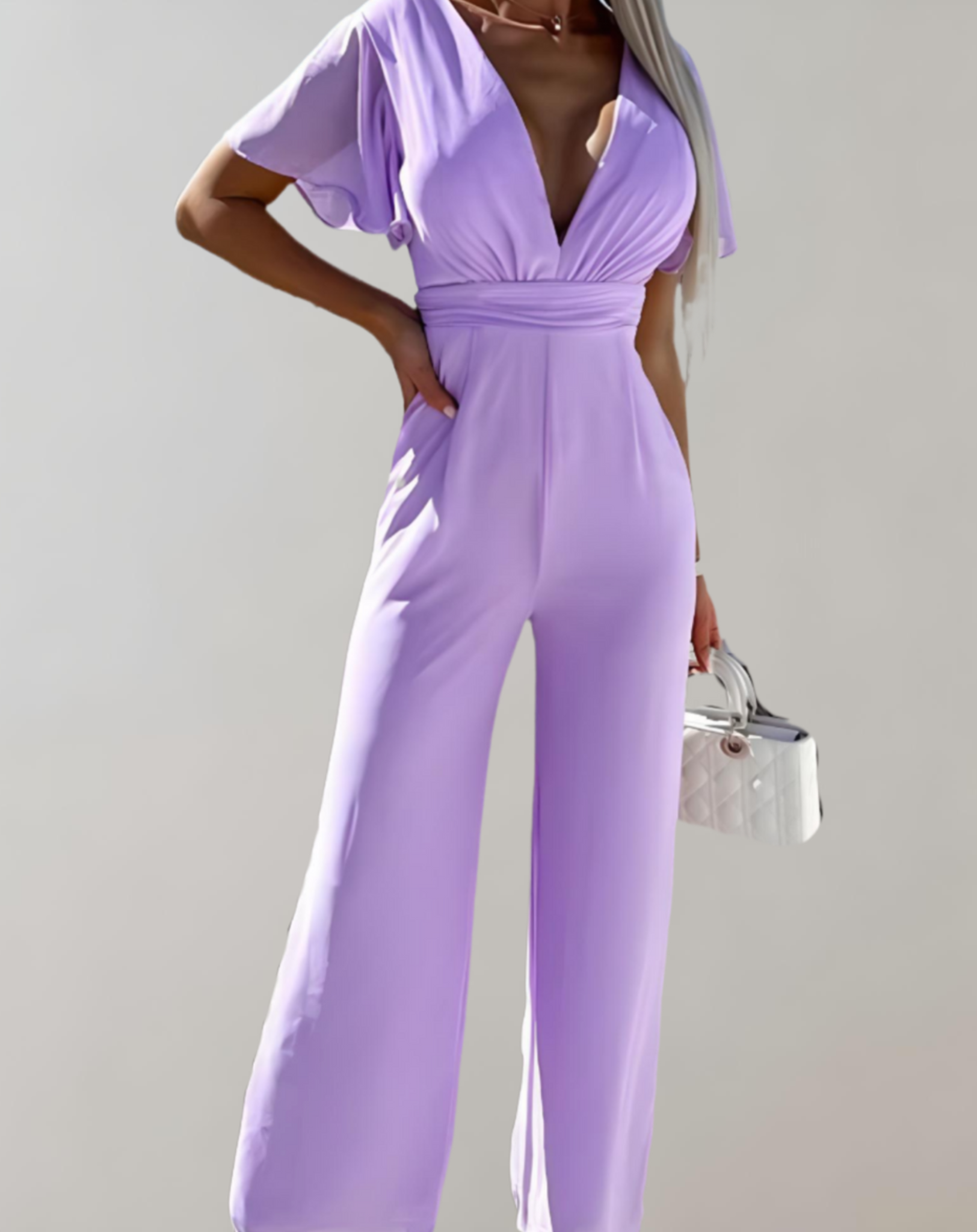 Ladies Jumpsuit V-Neck With Wide Pipes by Polyester Party Jumpsuit