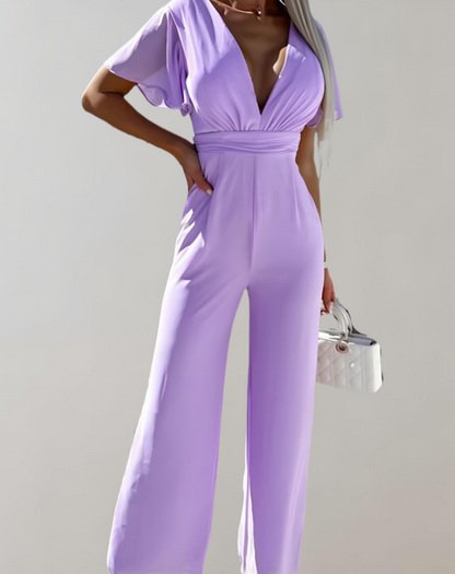 Ladies Jumpsuit V-Neck With Wide Pipes by Polyester Party Jumpsuit