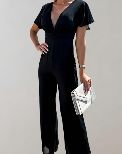Ladies Jumpsuit V-Neck With Wide Pipes by Polyester Party Jumpsuit