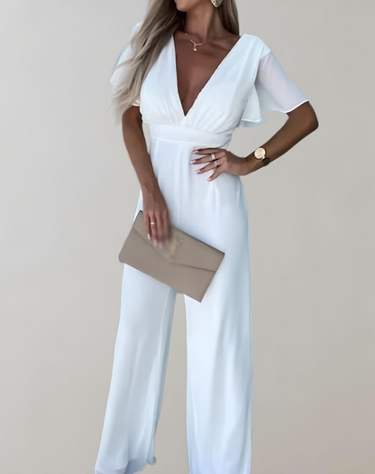 Ladies Jumpsuit V-Neck With Wide Pipes by Polyester Party Jumpsuit