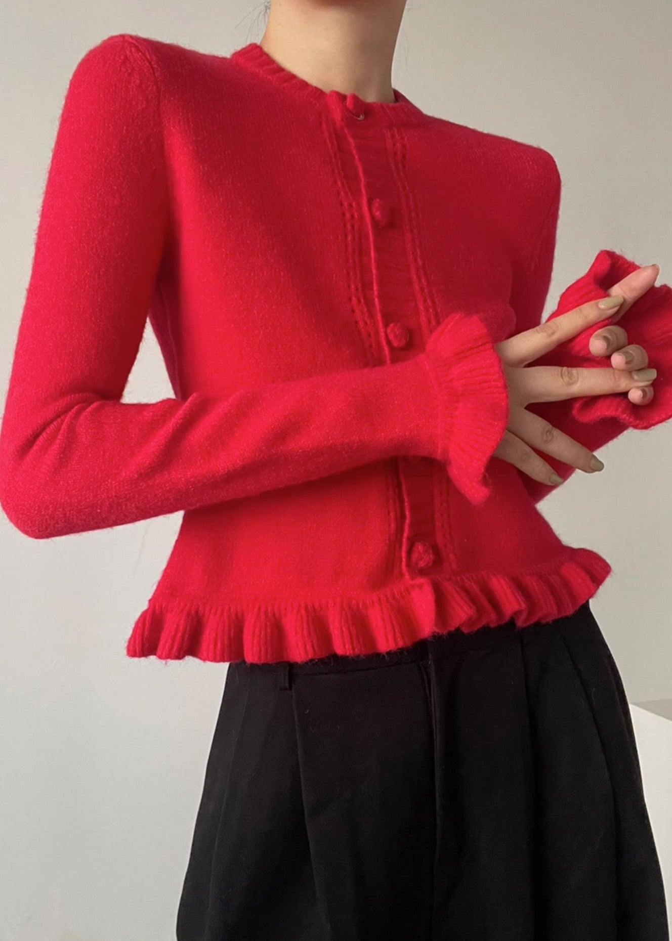 Ladies' Knitted Cardigan with O-neck and Ruffles