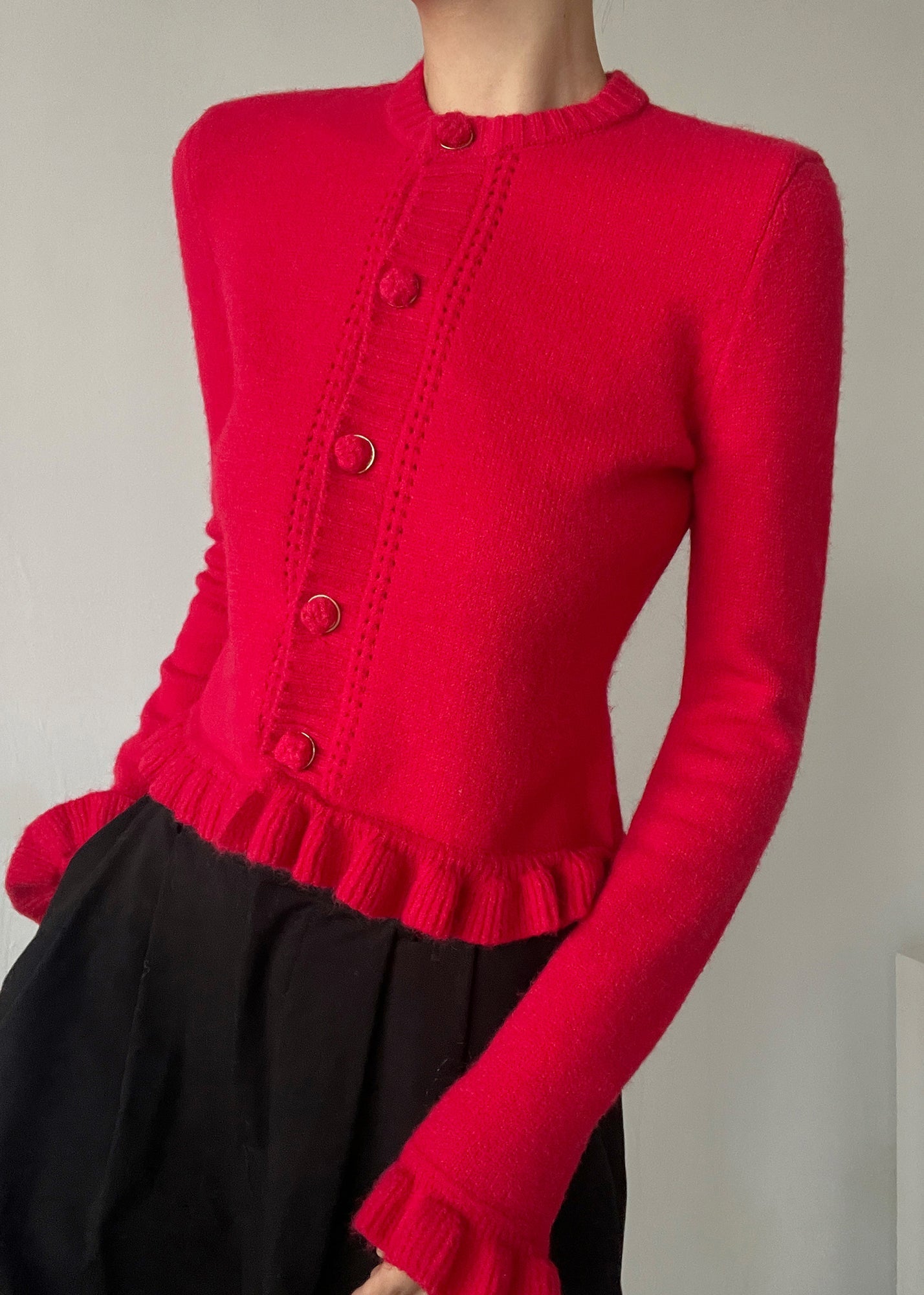 Ladies' Knitted Cardigan with O-neck and Ruffles