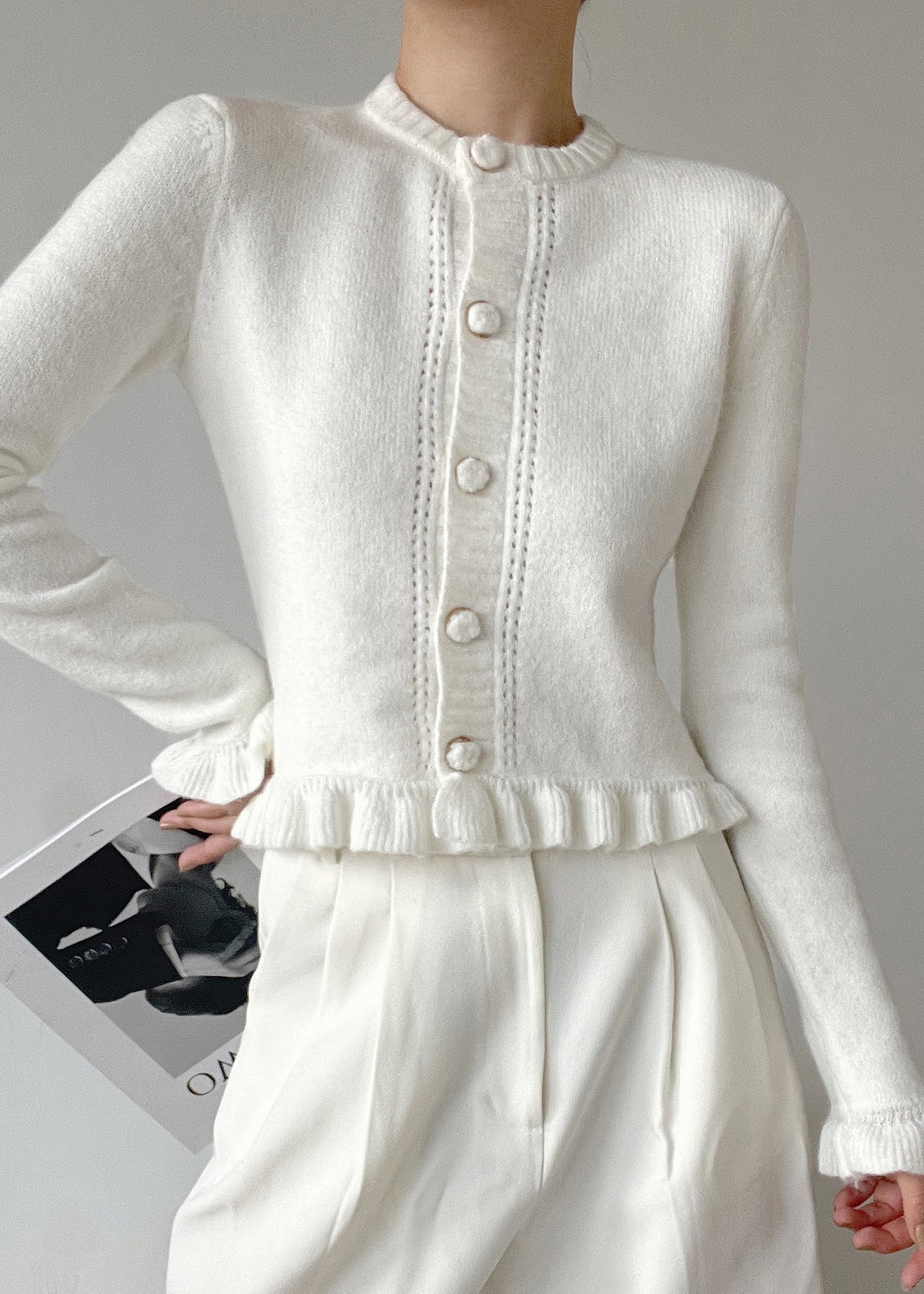 Ladies' Knitted Cardigan with O-neck and Ruffles