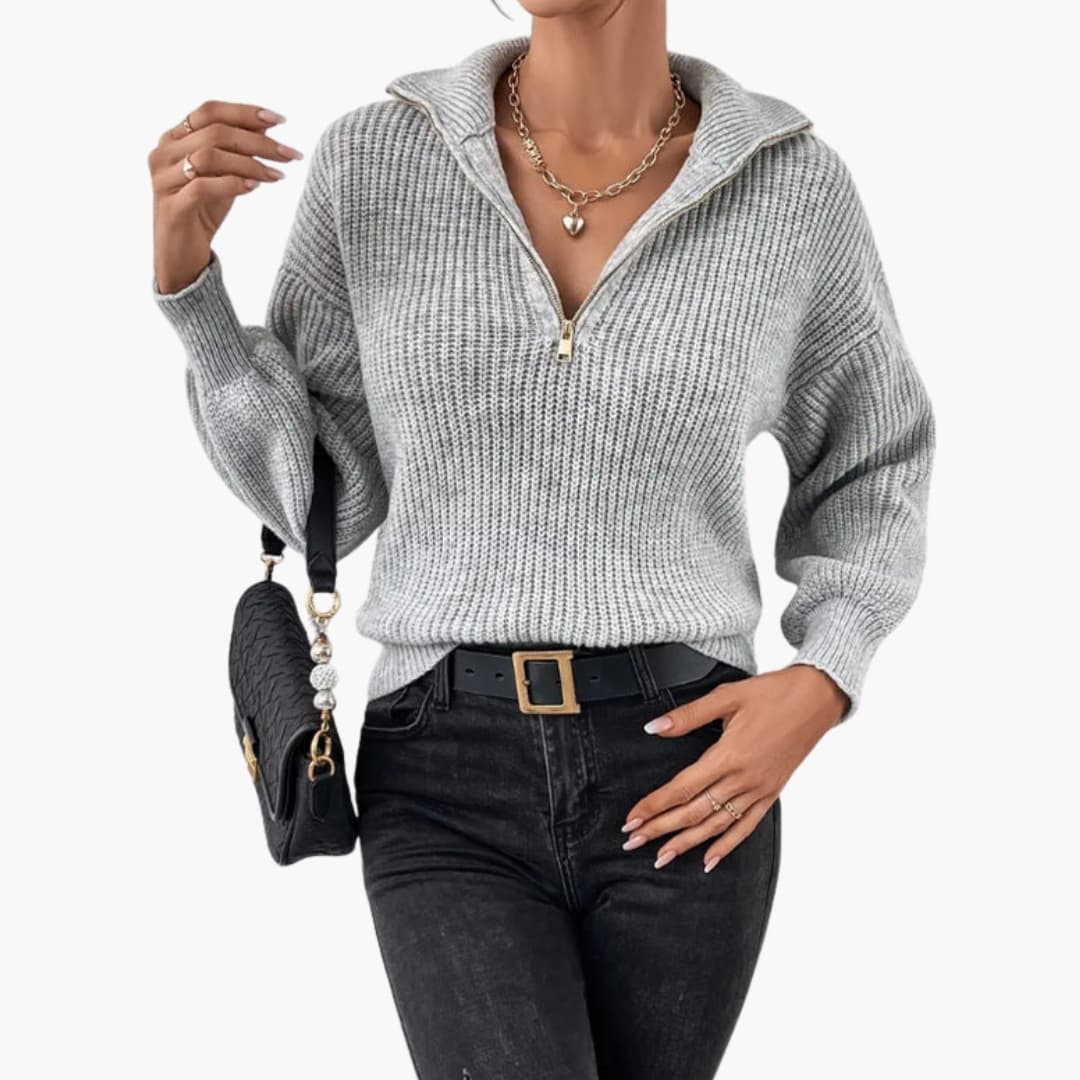 Ladies' Knitted Sweater with Halfzip and Ribbed Stitching