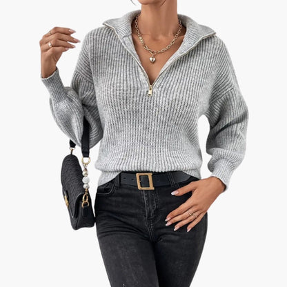 Ladies' Knitted Sweater with Halfzip and Ribbed Stitching