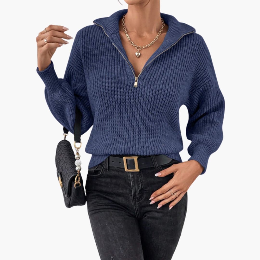 Ladies' Knitted Sweater with Halfzip and Ribbed Stitching