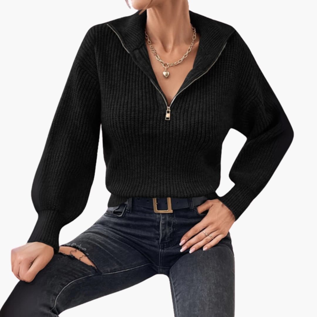 Ladies' Knitted Sweater with Halfzip and Ribbed Stitching