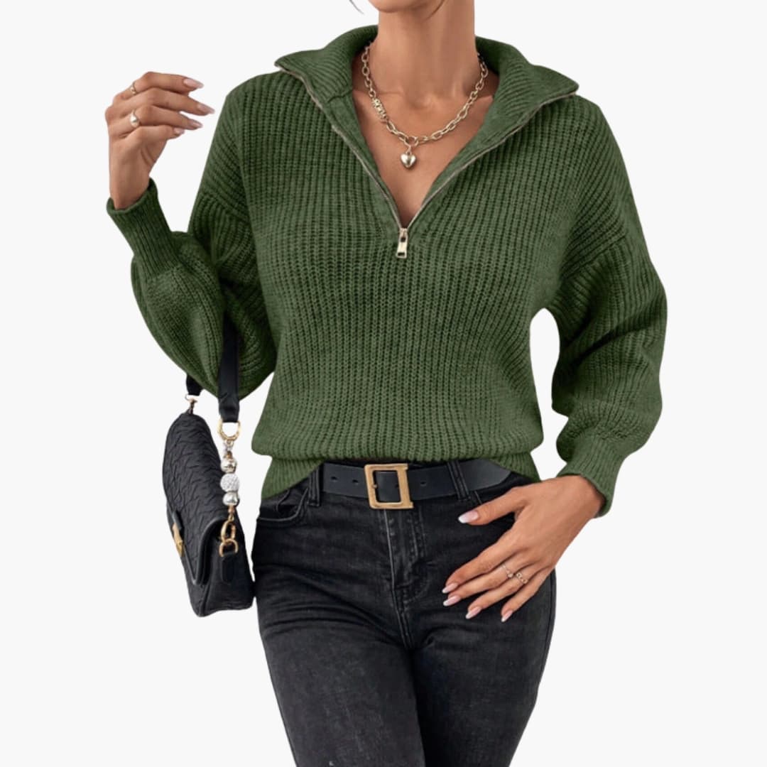 Ladies' Knitted Sweater with Halfzip and Ribbed Stitching