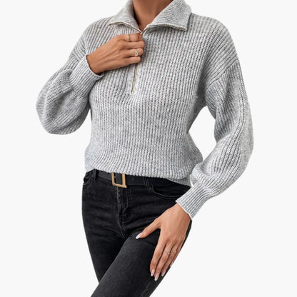 Ladies' Knitted Sweater with Halfzip and Ribbed Stitching