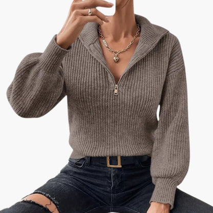 Ladies' Knitted Sweater with Halfzip and Ribbed Stitching