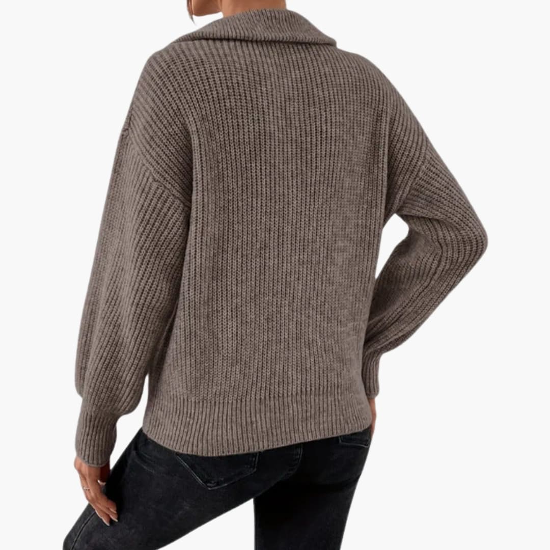 Ladies' Knitted Sweater with Halfzip and Ribbed Stitching