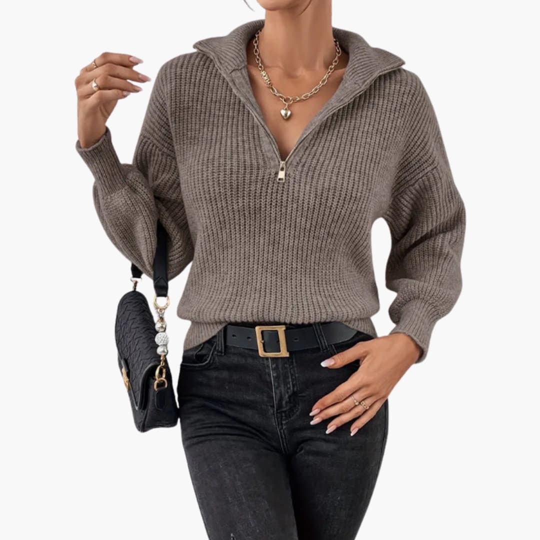 Ladies' Knitted Sweater with Halfzip and Ribbed Stitching