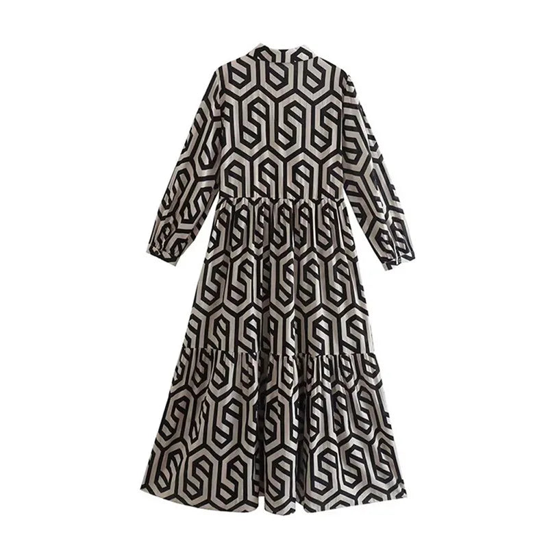 Ladies Langärmelig Kleid Geometrisches Muster Modern
