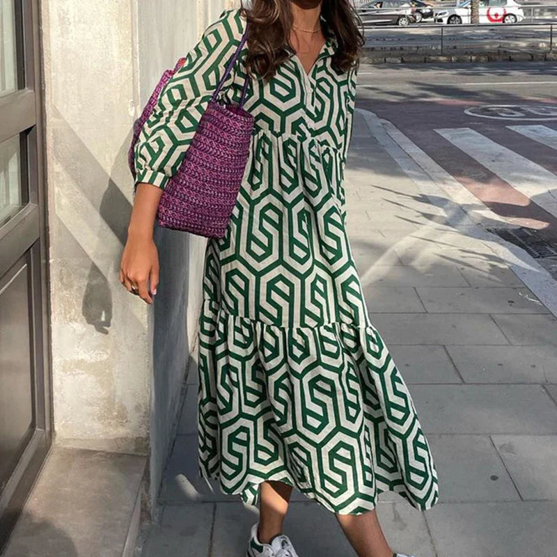 Ladies Langärmelig Kleid Geometrisches Muster Modern