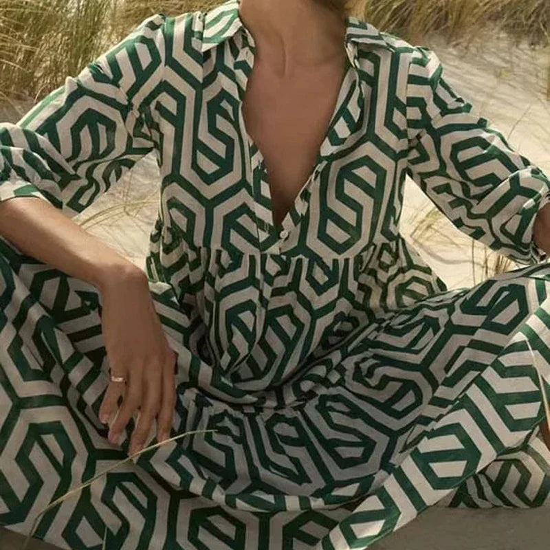Ladies Langärmelig Kleid Geometrisches Muster Modern