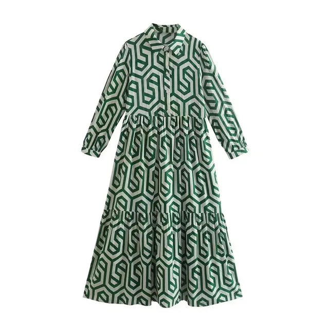 Ladies Langärmelig Kleid Geometrisches Muster Modern
